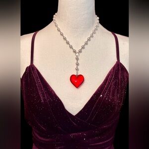 Pearl Necklace  with Red Glass Heart Pendant New Chunky 3D Crystal